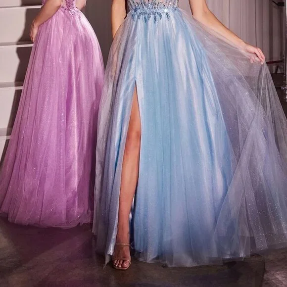 NEW LONG FORMAL A-LINE SLEEVELESS TULLE DRESS EMBROIDERED W/ FLORAL LACE CD0234